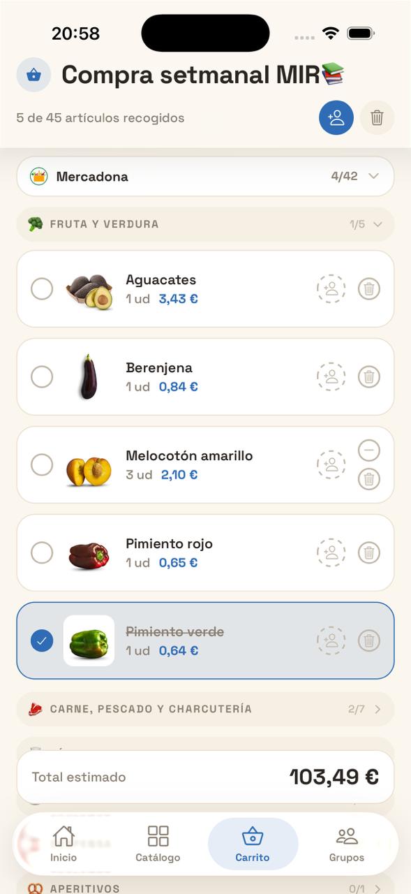 Lista de la compra del grupo con artículos por recoger y en la cesta en QuéFalta