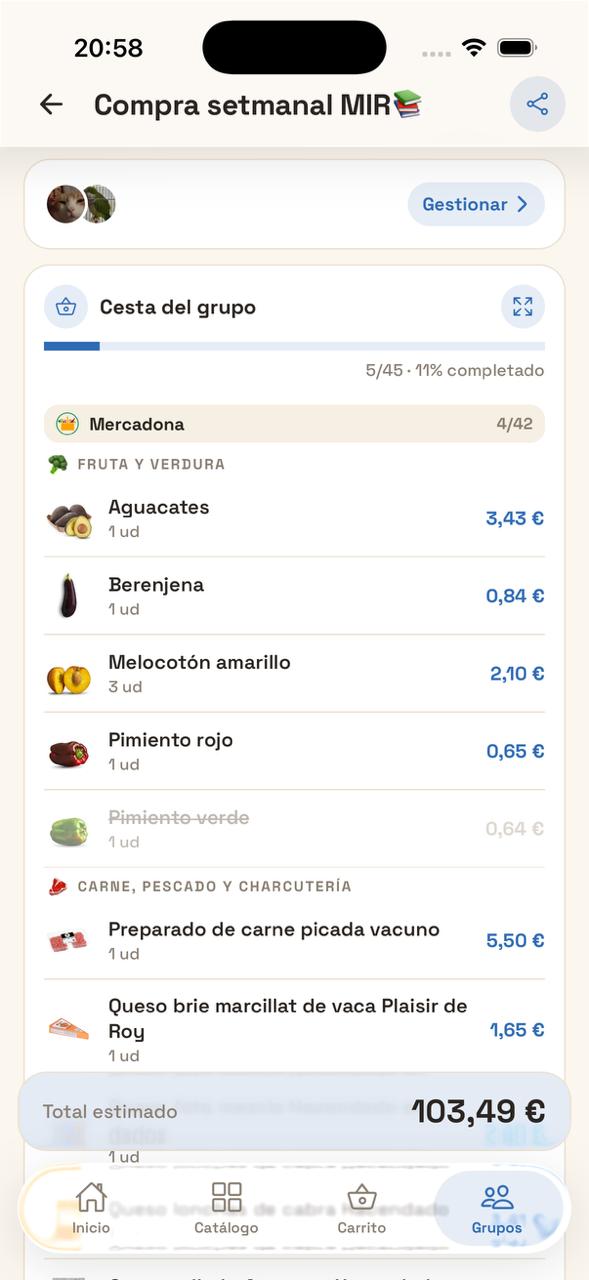 Detalle de un grupo con la cesta compartida y los miembros en QuéFalta
